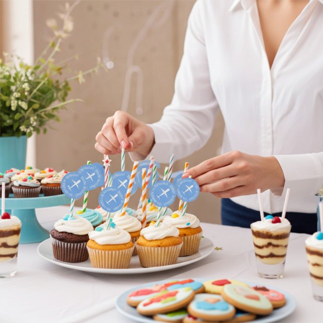 Sticker Rond Avion sur Sky Blue Personnalisé Anniversaire (Créateur téléchargé)
