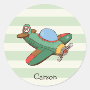 Sticker Rond Avion vintage sur Pastel Green Stripes
