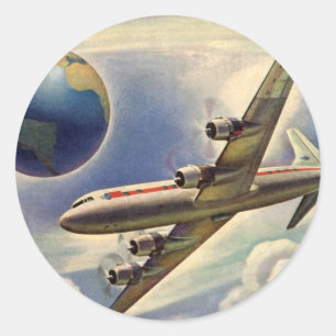 Sticker Rond Avion vintage volant autour du monde dans les nuag