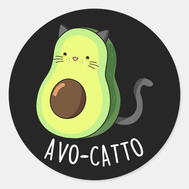Sticker Rond Avocatto Funny Avocado chat pun Dark BG (Devant)