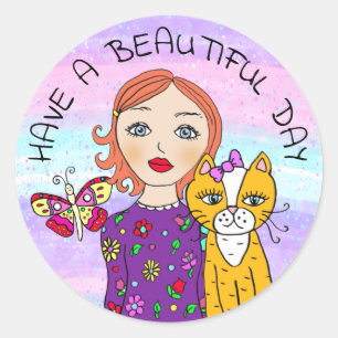 Sticker Rond Avoir une belle journée Whimsical Folk Art Girl