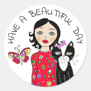 Sticker Rond Avoir une belle journée Whimsical Folk Art Girl
