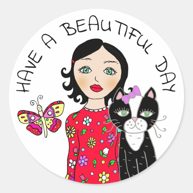 Sticker Rond Avoir une belle journée Whimsical Folk Art Girl (Devant)