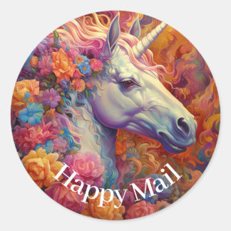 Sticker Rond Awesome Unicorn Happy Mail
