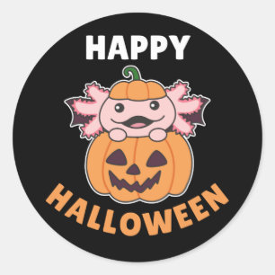 Sticker Rond Axolotl Happy Halloween Citrouille Chat Costume Cl