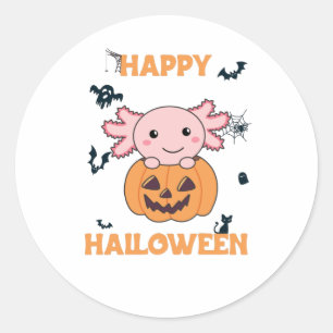 Sticker Rond Axolotl In Pumkin Sweet Axolotls Happy Halloween