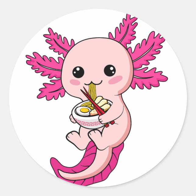 Sticker Rond Axolotl Manger Ramen nouilles Kawaii Anime Classic (Devant)