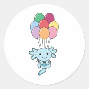Sticker Rond Axolotl Monte Avec Des Ballons Colorés