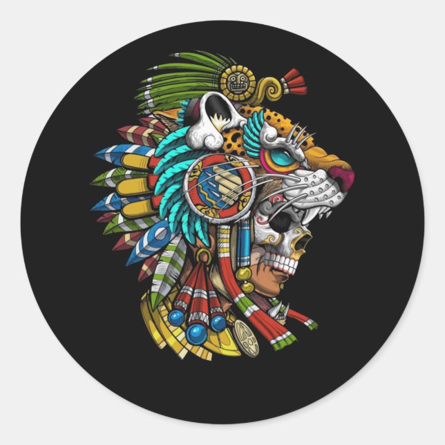 Sticker Rond Aztec Crâne Jaguar Masque guerrier antique Maya (Devant)