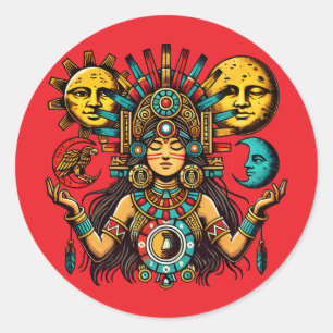 Sticker Rond Aztec Indian woMan princesse lune de soleil Art po