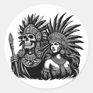 Sticker Rond Aztec Skeleton Warrior avec Princess