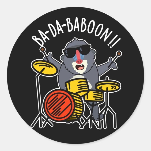 Sticker Rond Ba-da-ba-boon Funny Baboon Pun Dark BG (Devant)