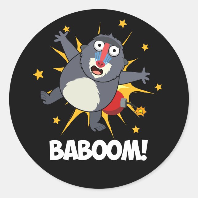 Sticker Rond Baboom Drôle Explosif Baboon Pun Dark BG (Devant)