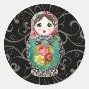 Sticker Rond Babushka Poupée russe Coloré Gras Fleur Rose
