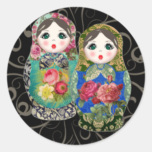 Sticker Rond Babushka Poupée russe Coloré Gras Fleur Rose 3