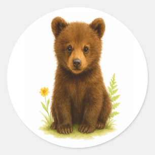 Sticker Rond Baby Bear Cub en Fleur sauvage