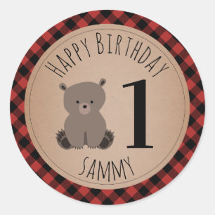 Sticker Rond Baby Bear Cub Lumberjack Plaid Anniversaire