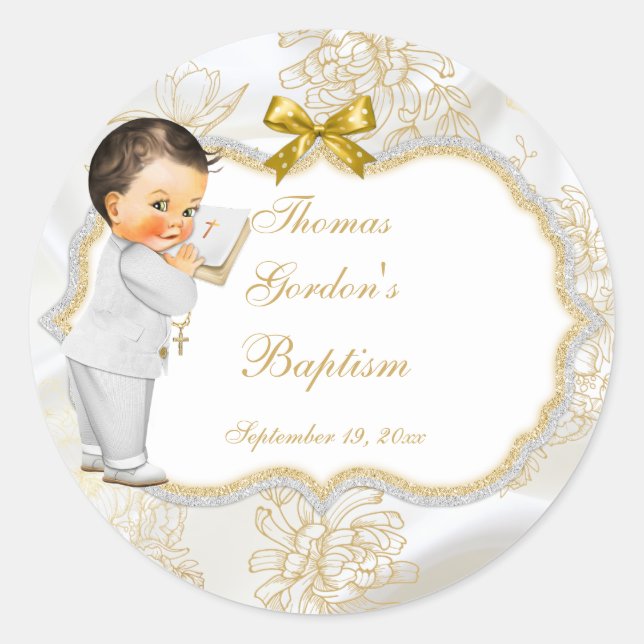 Sticker Rond Baby Boy Baptism Christening Gold Cross (Devant)