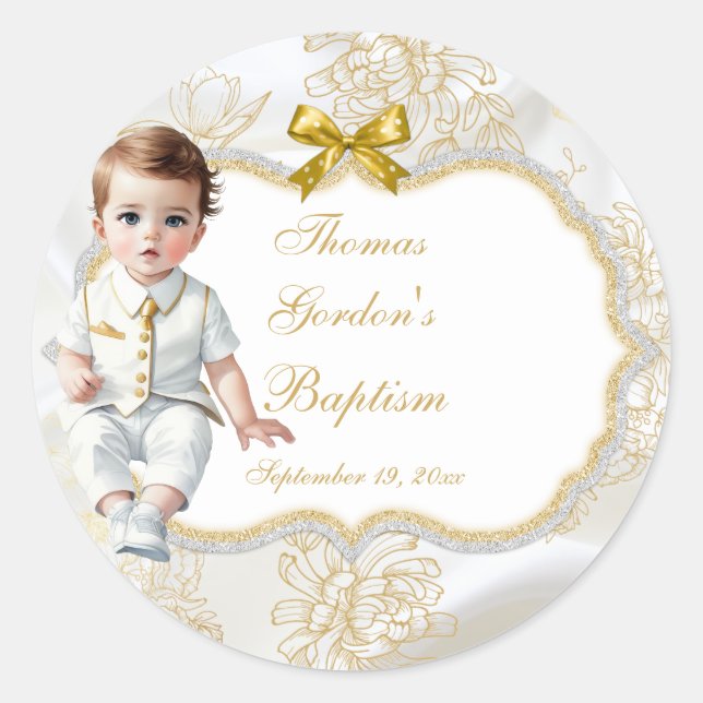 Sticker Rond Baby Boy Baptism Communion Blanc & Or (Devant)