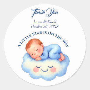 Sticker Rond Baby Boy Douche Invitation Lune Étoiles Aquarelle