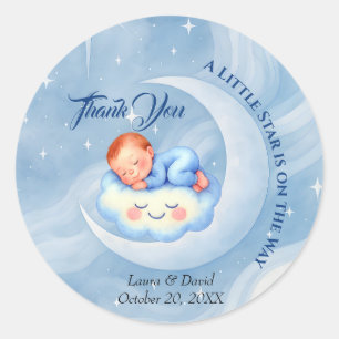 Sticker Rond Baby Boy Douche Invitation Lune Étoiles Aquarelle