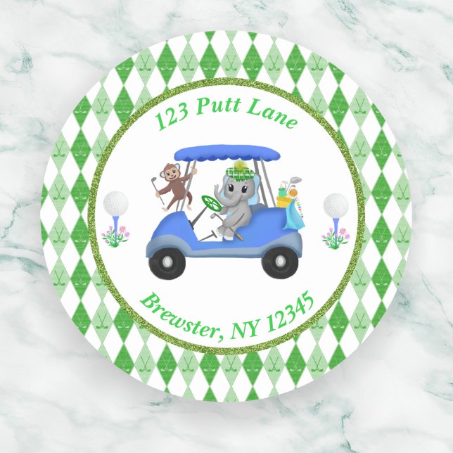 Sticker Rond Baby Boy Elephant & Monkey Golf Baby shower Retour (Créateur téléchargé)