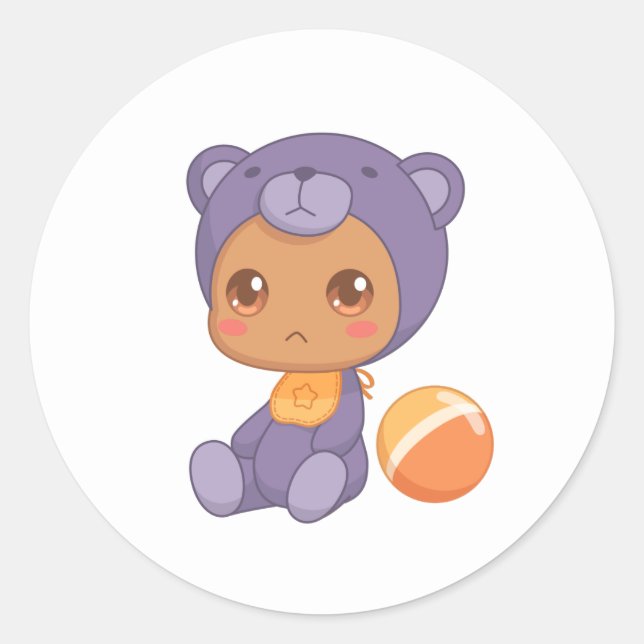 Sticker Rond Baby Boy Girl Purple Bear Jumpsuit (Devant)