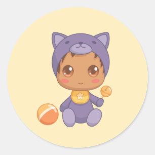 Sticker Rond Baby Boy Girl Purple Chat Jumpsuit Jaune