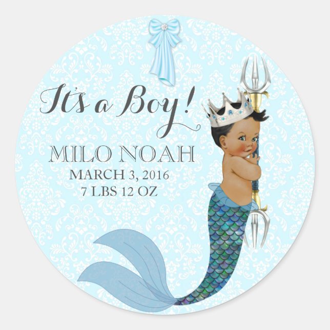 Sticker Rond Baby Boy Merman Prince Crown Africain Américain (Devant)