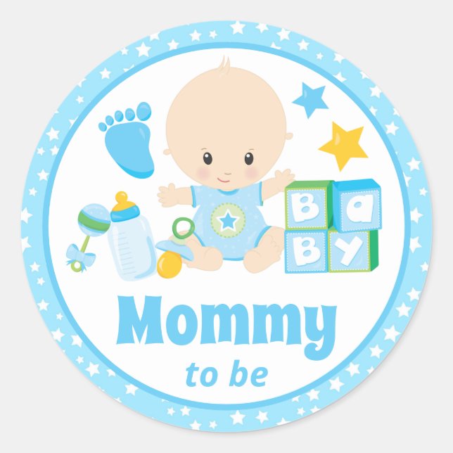 Sticker Rond Baby Boy Mommy to Be Blue Stars (Devant)