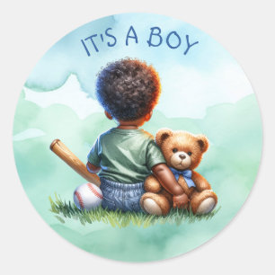 Sticker Rond Baby Boy of Color avec son Baby shower d'ours en p