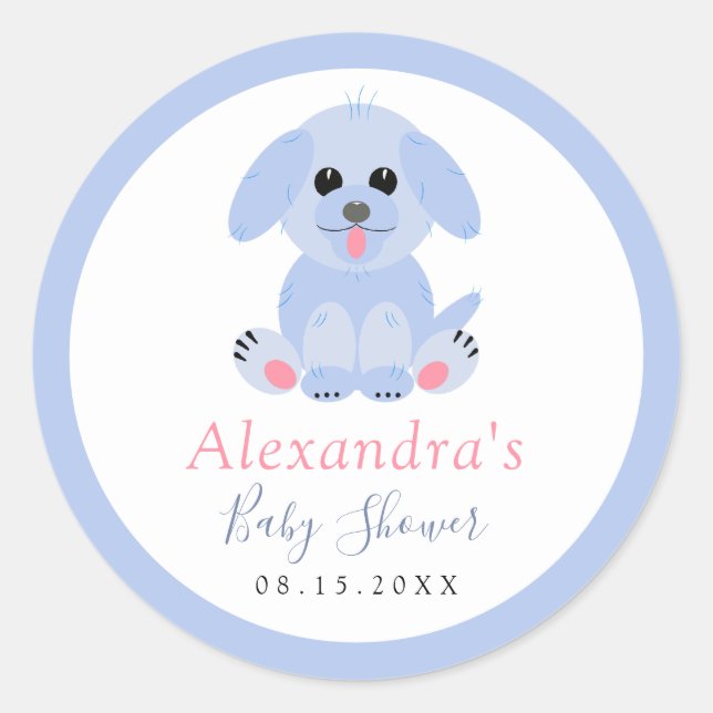 Sticker Rond Baby Boy Shower Blue Puppy Personnalisé (Devant)