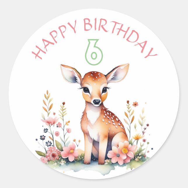 Sticker Rond Baby Deer in Flowers Fête d'anniversaire de fille (Devant)