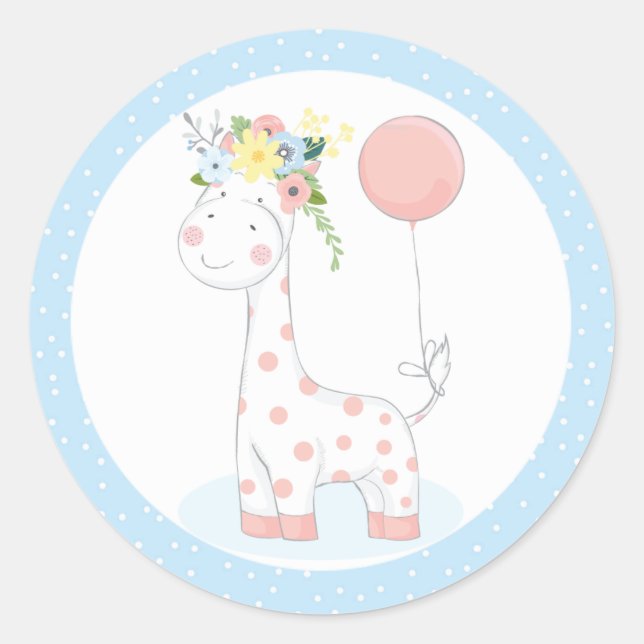 Sticker Rond Baby Giraffe Balloon Floral Crown Pastel Blue Zoo (Devant)