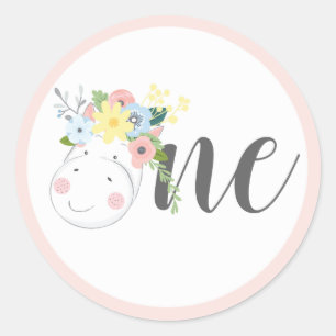 Sticker Rond Baby Giraffe Floral Numéro Un 1er anniversaire fêt