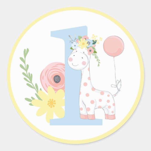 Sticker Rond Baby Giraffe Floral Numéro Un 1er anniversaire fêt (Devant)
