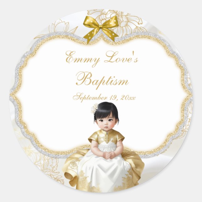 Sticker Rond Baby Girl Baptism Christening Blanc & Or (Devant)