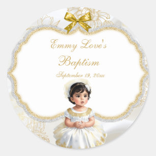 Sticker Rond Baby Girl Baptism Christening Blanc & Or