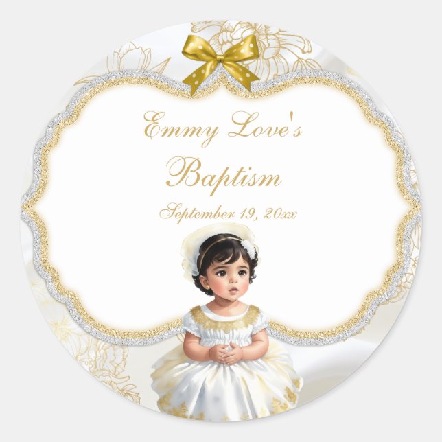 Sticker Rond Baby Girl Baptism Christening Blanc & Or (Devant)