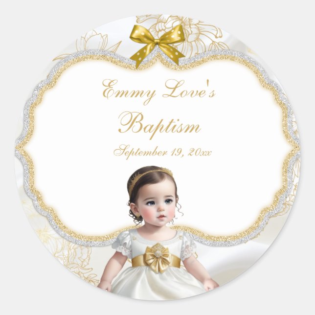 Sticker Rond Baby Girl Baptism Christening Blanc & Or (Devant)