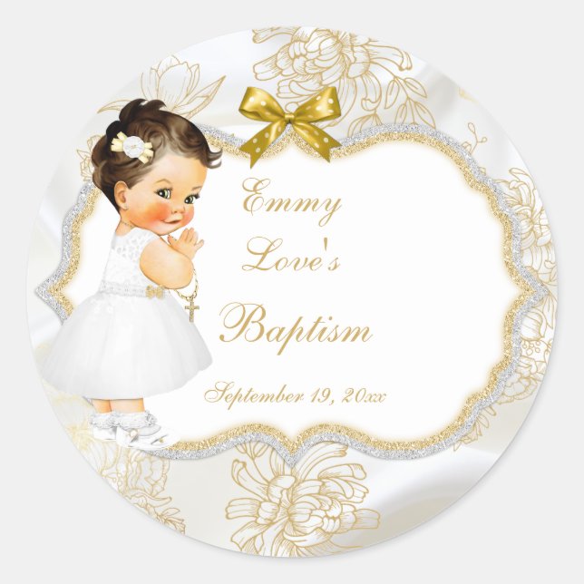 Sticker Rond Baby Girl Baptism Christening Gold Cross (Devant)