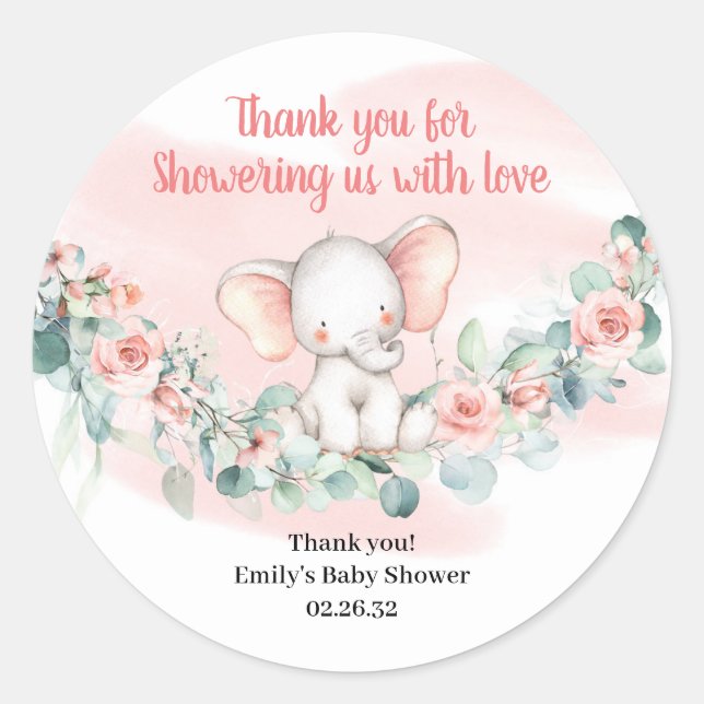 Sticker Rond Baby Girl éléphant blush fleurs eucalyptus couronn (Devant)