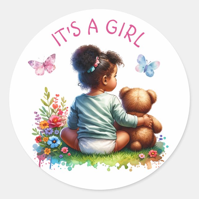 Sticker Rond Baby Girl et son ours en peluche | C'est une fille (Devant)