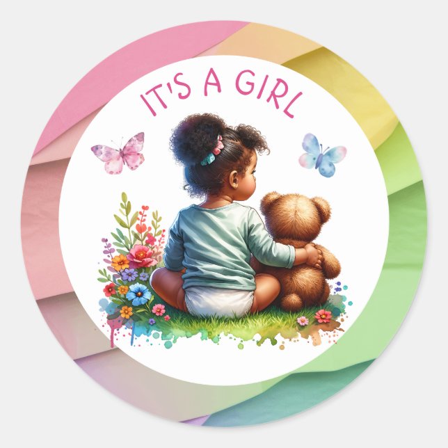 Sticker Rond Baby Girl et son ours en peluche | C'est une fille (Devant)