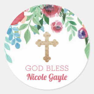 Sticker Rond Baby Girl Gold Cross Baptism Favoriser les fleurs