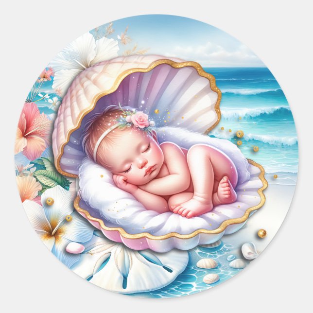 Sticker Rond Baby Girl in a Seashell Baby shower (Devant)
