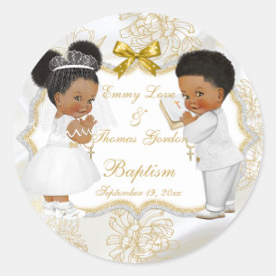 Sticker Rond Baby Girl Jumeaux Communion Baptême Gold Cross