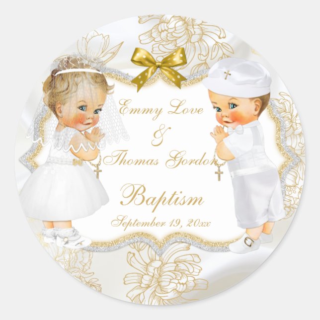 Sticker Rond Baby Girl Jumeaux Communion Baptême Gold Cross (Devant)