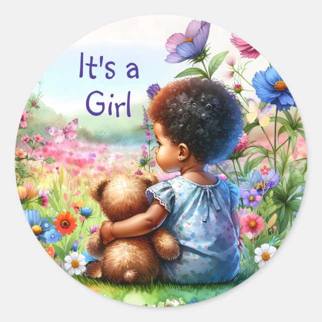 Sticker Rond Baby Girl with Teddy Bear Baby shower C'est une fi (Devant)