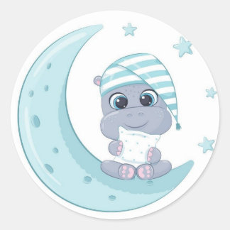 Sticker Rond Baby Hippo Sur La Lune